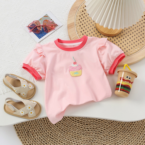 Korean-style children's clothing for girls, pink T-shirt summer wear, stylish cartoon crew neck top, children's versatile pure cotton short-sleeved top