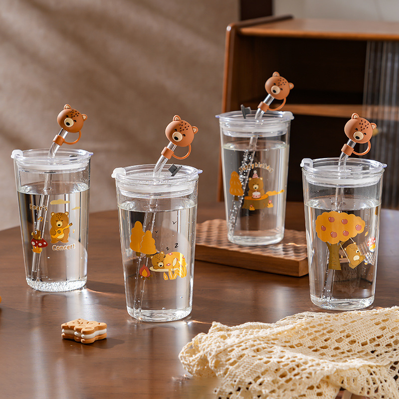 玻璃吸管杯耐高温杯子卡通喝水杯带盖玻璃杯茶水卡通吸管杯