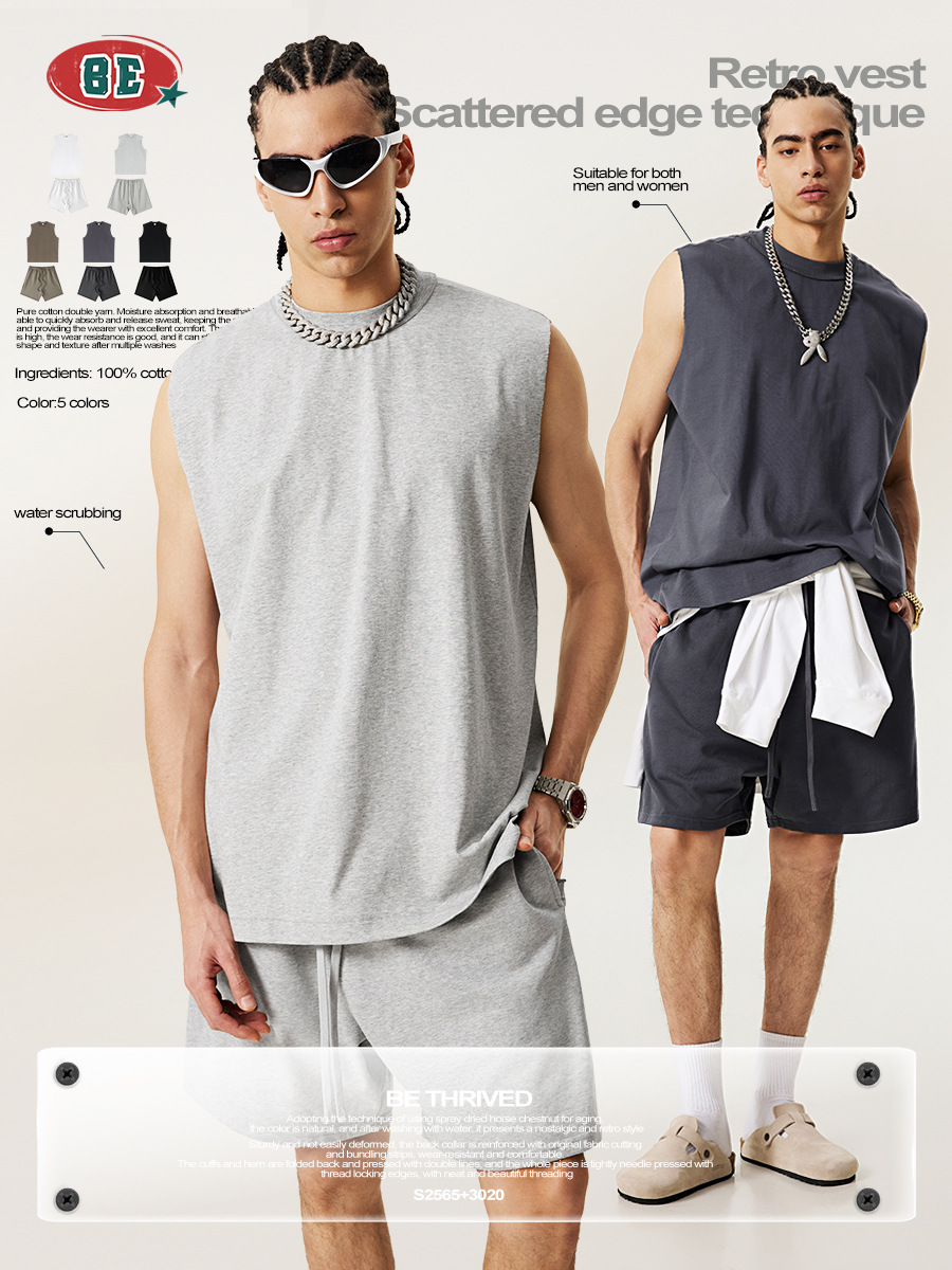BE ropa de hombre | 2025 verano marca de moda americana fitness deportivo chaleco suelto casual cordón pantalones de cinco puntos hombres al por mayor