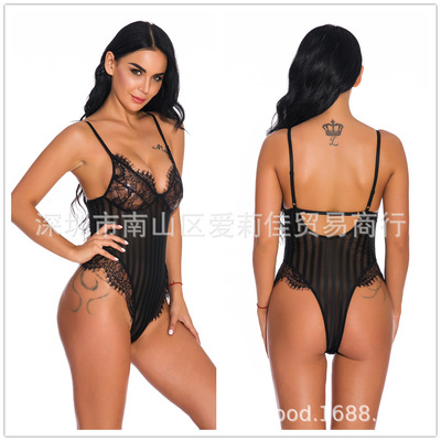 条纹拼接网纱连体衣蕾丝罩杯V领透视睡衣欧美性感诱惑情趣内衣女