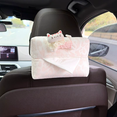 Car tissue box/set with a High-End Feel, Cartoon - pink-plaid-cat-leopard-print-tissue-box-beige