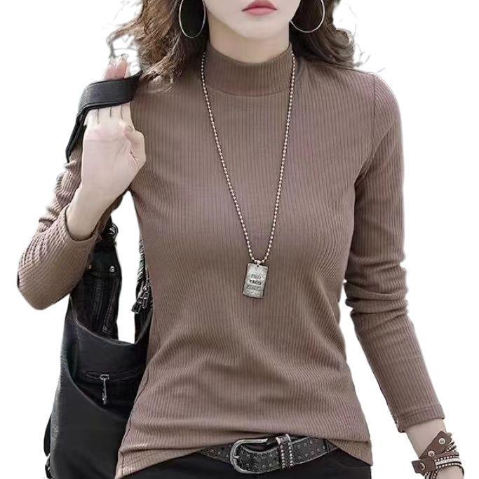棉质半高领长袖t恤女秋冬季新款纯色螺纹修身打底衫中领内搭上衣|undefined