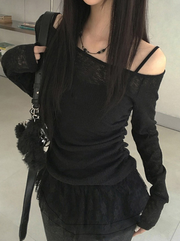 欧美甜美清新风蝴蝶结拼接抽褶蕾丝纯欲风温柔修身长袖单肩上衣|undefined