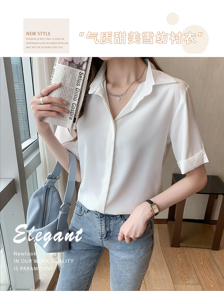 Short-sleeved chiffon shirt for women, 2022 Summer new style, fashionable professional white shirt, design sense, niche and elegant top pic 2