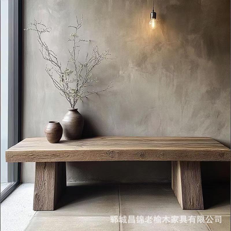 中式实木长条凳别墅门口装饰等待区休闲凳老榆木长条大板换鞋凳子|undefined