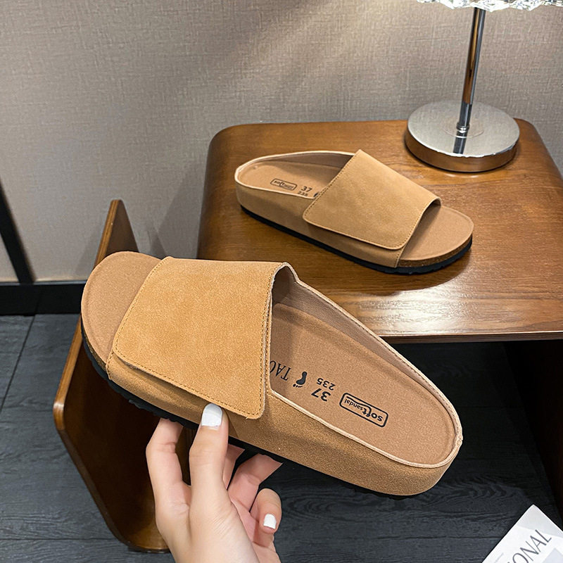 Dép sandal nữ quai ngang bản rộng mũi tròn đế bằng gấp gọn đi ngoài trời mùa hè — Màu Kaki, Màu mơ, Màu đen