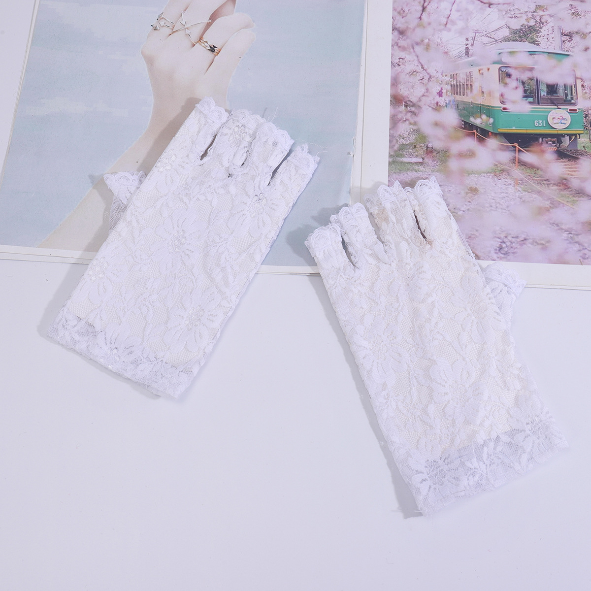 Protección solar sin dedos nupcial encaje medio dedo guantes de mujer corto floral guantes para boda ópera fiesta de té