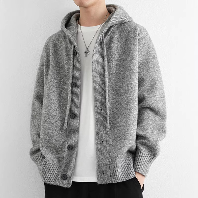 Hooded Cardigan Sweater for Men, High-Quality Autumn and Winter Thick Knit Jacket, Loose and Stylish Lazy Style Coat Hooded Cardigan Sweater for Men, High-Quality Autumn and Winter Thick Knit Jacket, Loose and Stylish Lazy Style Coat
