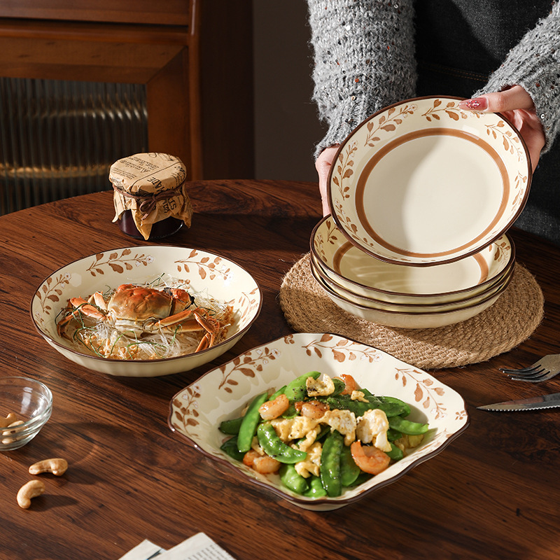 Vintage-Style High-Value Dish Plate with Brocade Leaves, Ceramic Underglaze Color Round Deep Plate for Home Use, High-Temperature Resistant Square Plate Set