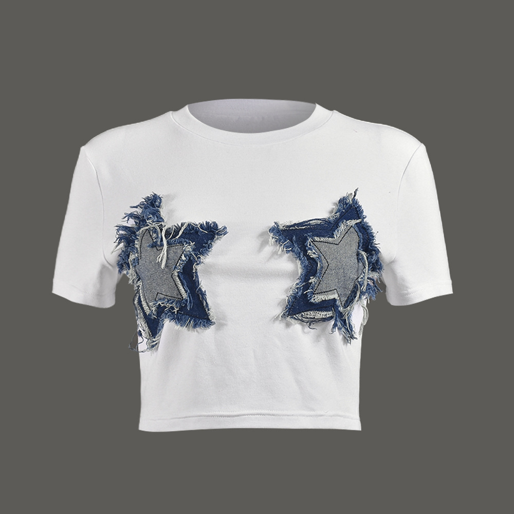 Autumn Summer Stitching Tassel Five Pointed Star Cropped round Neck T shirt for Women