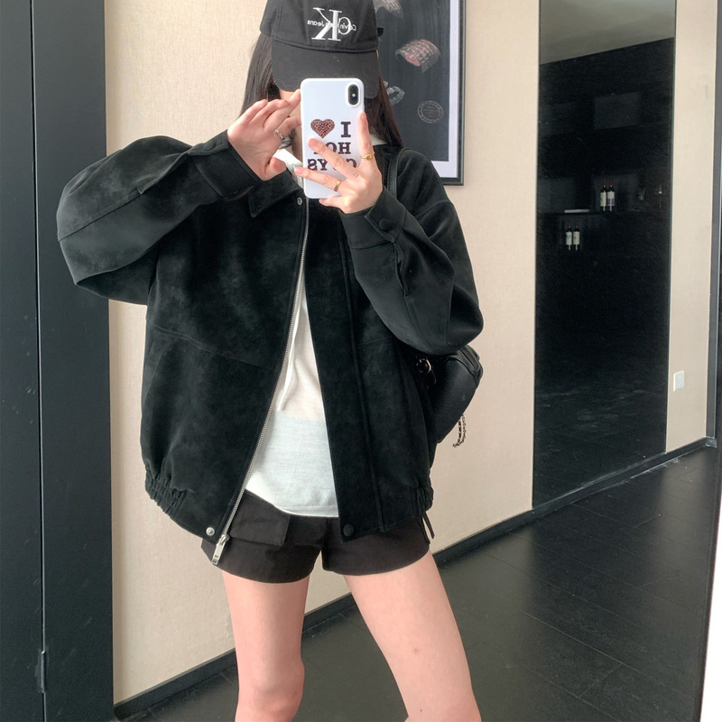 适美秋季翻领鹿皮绒夹克外套女复古美拉德拉链上衣连帽打底衫套装|undefined