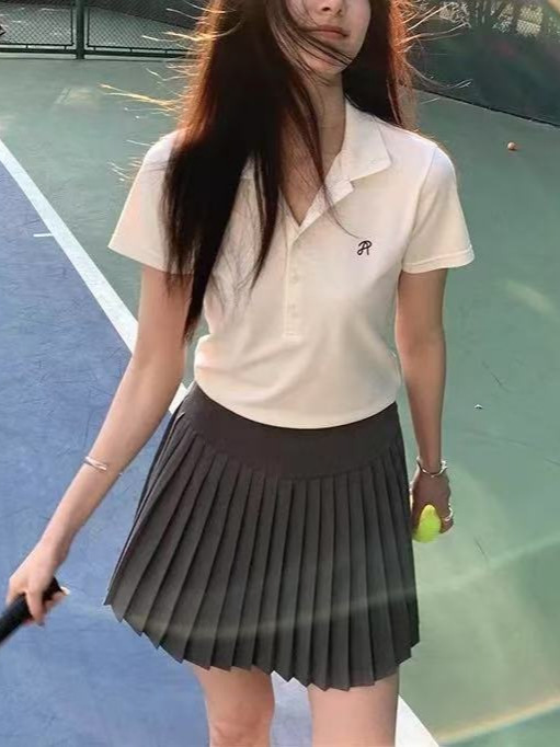 2025春夏休闲运动套装女户外跑步网球裙短袖polo衫百褶裙两件套|undefined