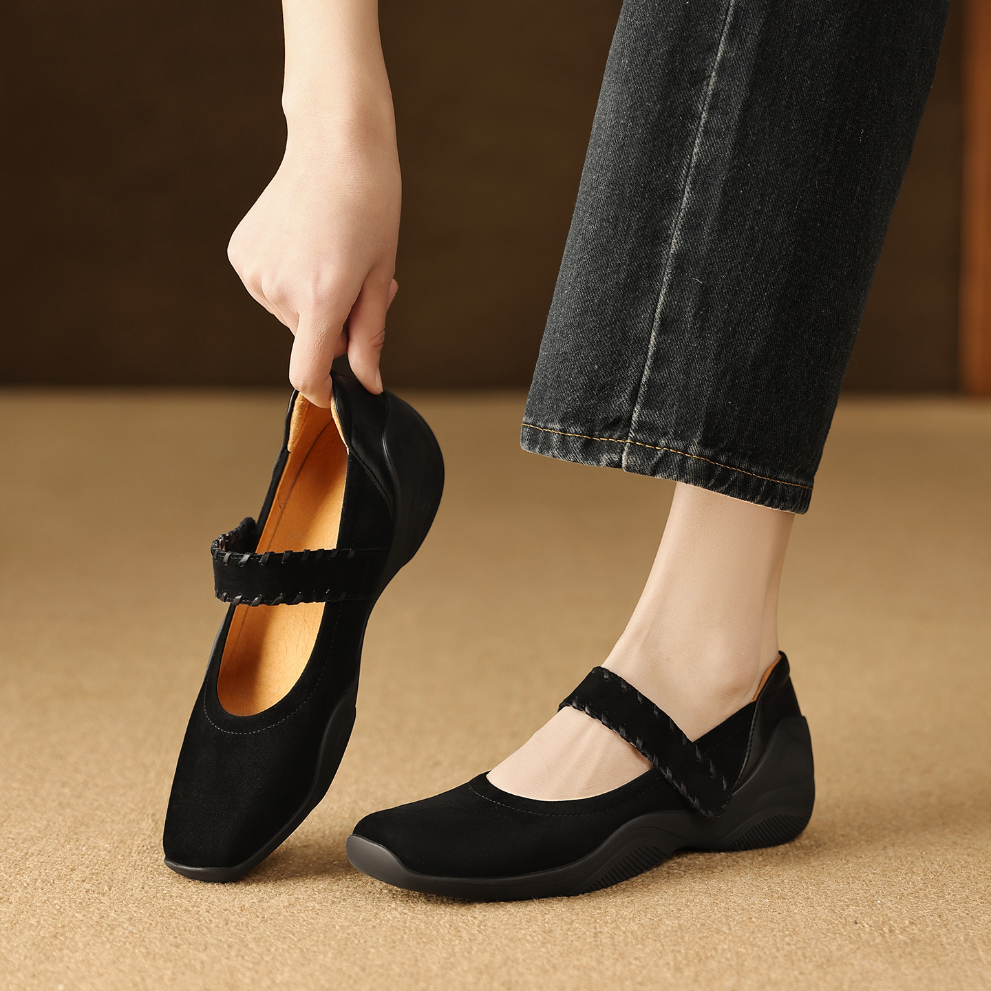 Giày Mary Jane nữ quai ngang khóa T, gót thấp 4 cm, da cừu mềm — đen