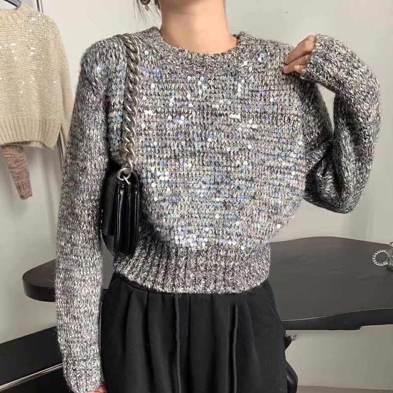 2026 Autumn and Winter New French-Style Sequined Knit Sweater for Women, Lazy Style Pullover, Round Neck, Super Stylish Short Sweater