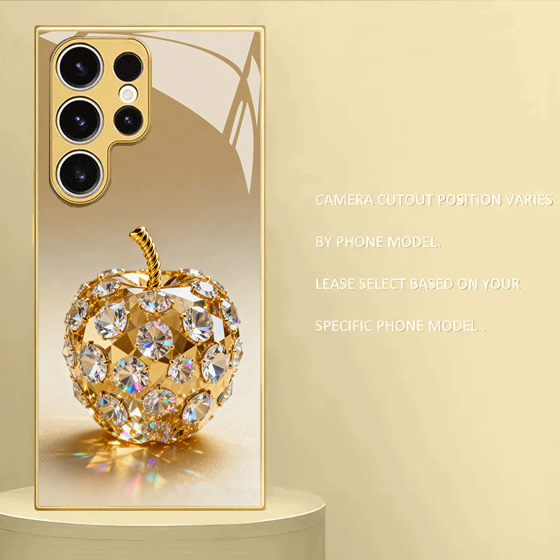 Gold Rhinestone Apple Case Suitable for Samsung S25Edge Tempered Glass Phone Case S26Ultra/S24 Protective Case