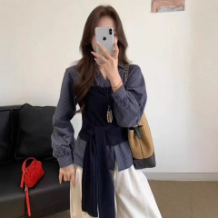 韩版设计感收腰格子衬衫女2025秋季新款宽松显瘦小个子拼接上衣潮