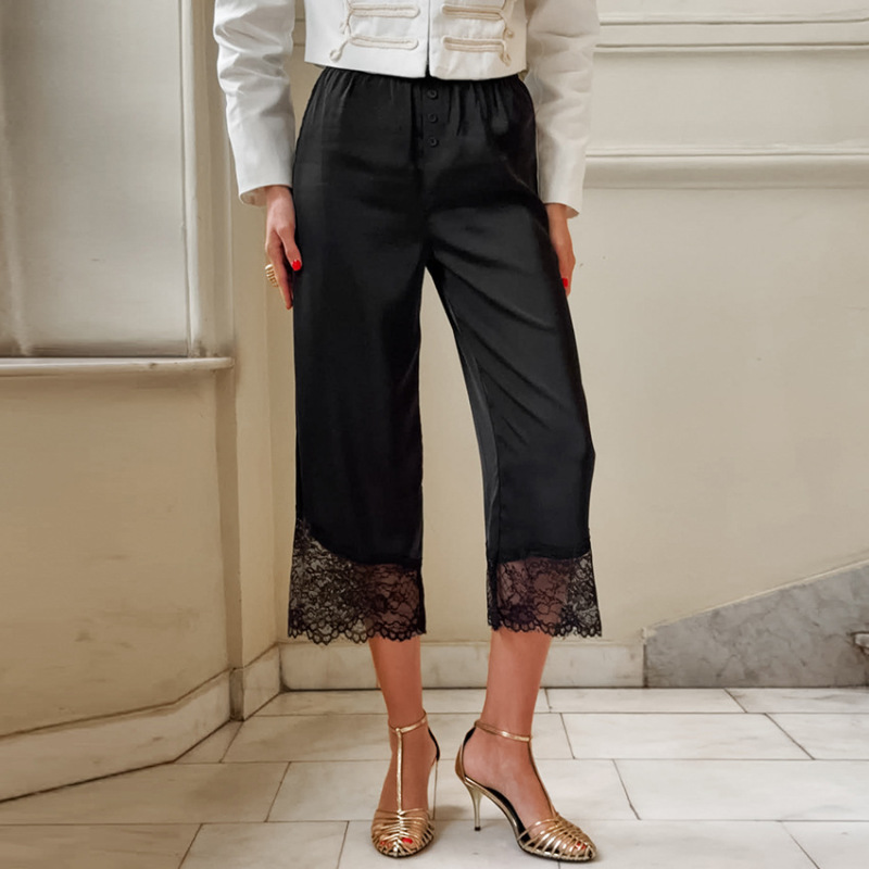 2026 Spring/Summer New Satin Capri Pants Cross-Border European and American Style Lace Patchwork High-Waisted Slimming Elegant Casual Women's Pants