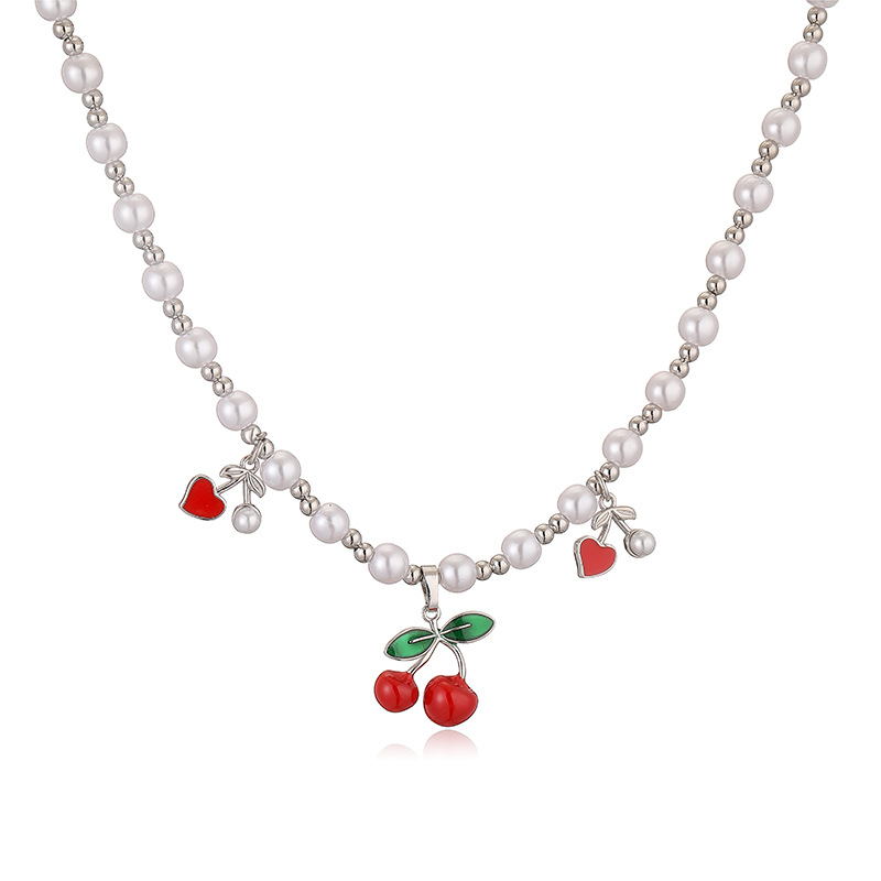 Women's Gender Wholesale Jewelry Sweet Cherry Heart Shape Copper Jewelry Set Beaded Chain