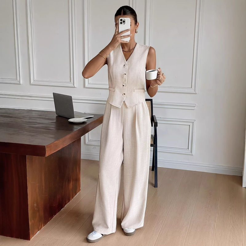 Amazon Cross-Border Women's Fashion Off-White Sleeveless Vest Suit Women's Summer Wide-Leg Pants Slimming Commuter Style Amazon Cross-Border Women's Fashion Off-White Sleeveless Vest Suit Women's Summer Wide-Leg Pants Slimming Commuter Style
