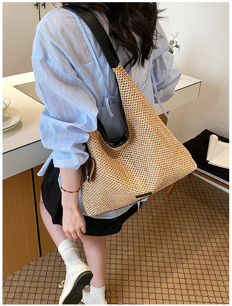 Gewebte Schultertasche Französischer Stil Gestreifte Strohtasche_voghion.com