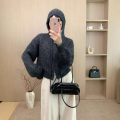 慵懒风连帽针织开衫拉链毛衣外套女加厚珠片马海毛新款秋冬季上衣