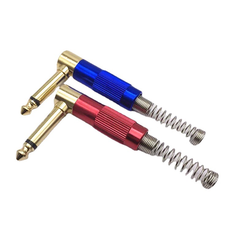 红蓝金属6.35镀金单音麦克风话筒插头6.5单声道大二芯音频弯头L型