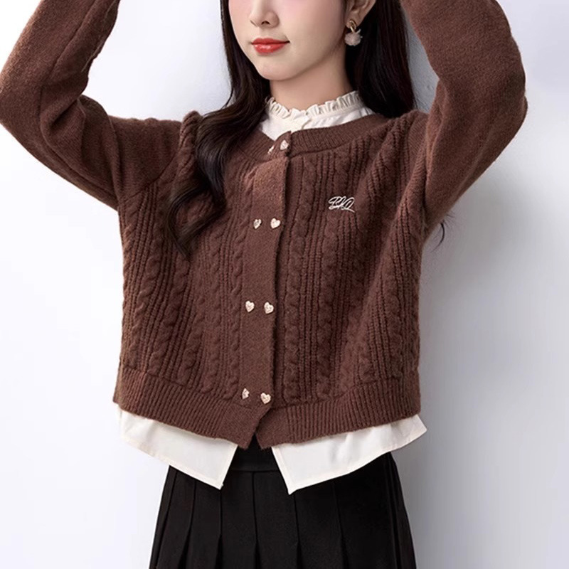 小香风外套刺绣设计感假两件宽松短款开衫红色毛衣少女风针织衫女|undefined