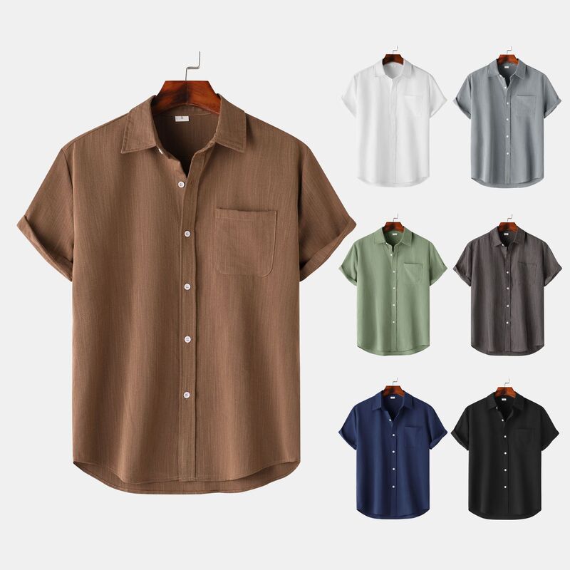 2025 Amazon Ebay Hot Selling Summer Lapel Pure Color Short-Sleeved Button Men's Linen Shirt Men's Clothing