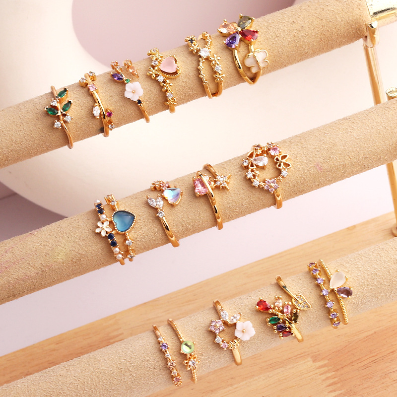 Pastoral Flower Copper Plating Inlay Zircon Open Ring 1 Piece