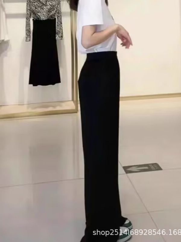 Quần ống rộng lưng thun Paris dáng suông mỏng nhẹ mùa thu — Màu đen