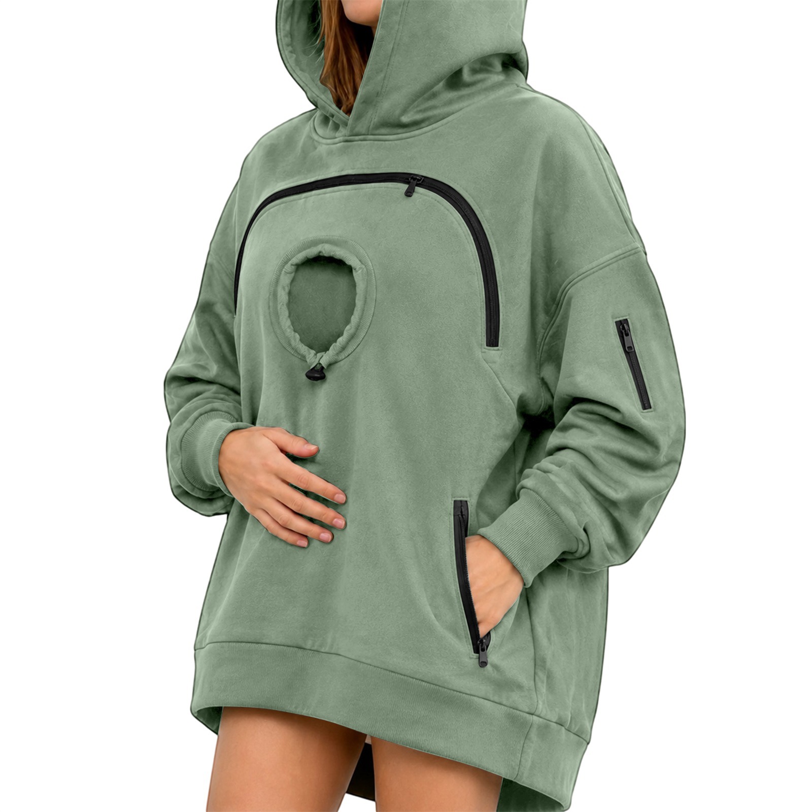 Cross-border hooded women's casual sweatshirt with cat pocket design, women's zippered long-sleeved hooded fleece top