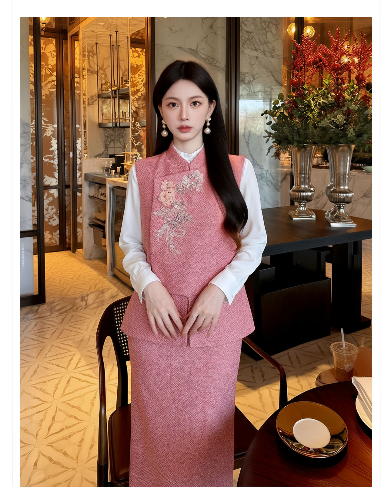 Bộ áo gile không tay và chân váy midi tân cổ điển đính cườm sang trọng — nửa váy, Trang chủ chi tiết 8