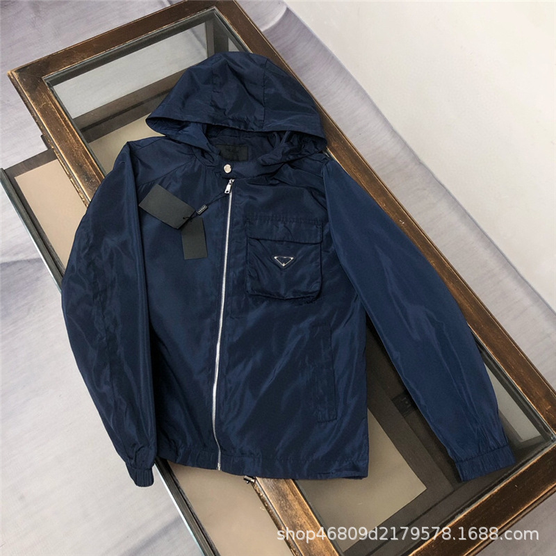 High Version P Brand Hooded Triangle Logo Jacket with Detachable Hood, Stand Collar, Pocket, Fashion Men's Coat