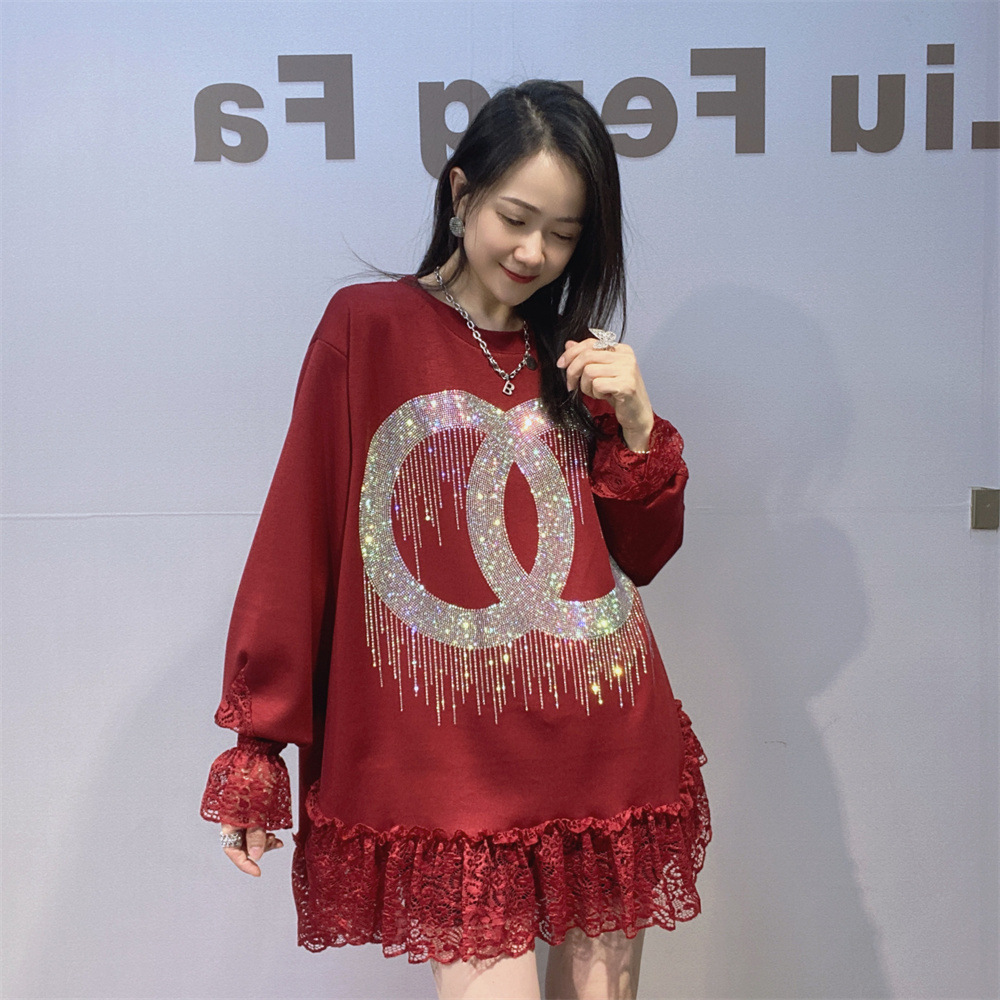 Ropa de Mujer Europea y estadounidense transfronteriza suelta y de alta gama blusa de manga larga de encaje de otoño femenino empalmada camisa de manga larga de cuello redondo de diamante de agua image 8
