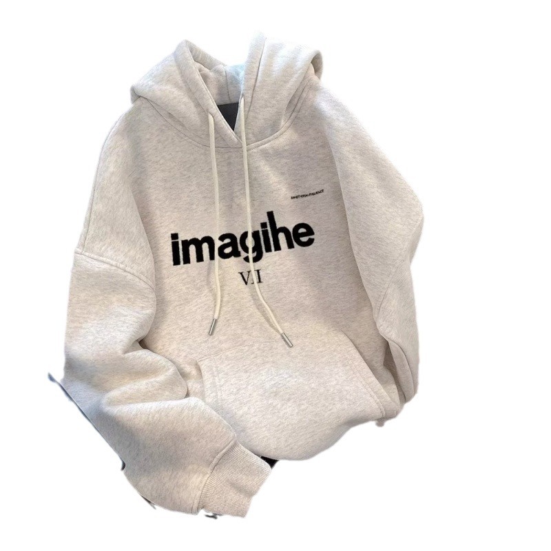 Herren-Fleece-Sweatshirt mit Kapuze in Übergröße, trendig, locker, lässig, lässiger Stil, weißer Look, Hongkong-Stil_voghion.com