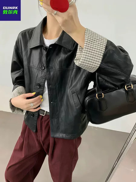 Korean-Style Casual Pu Leather Jacket with Lapel and Patchwork Design, Women's Autumn Loose Simple Commuter Leather Jacket, Short Coat