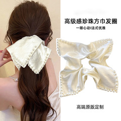 温柔缎面仿珍珠方巾大肠发圈女高低马尾头绳不伤发皮筋气质发饰品