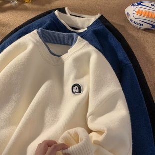 Fake two-piece sweater men's autumn and winter thickened Japanese style lazy retro sweater casual fashion brand round neck loose sweater