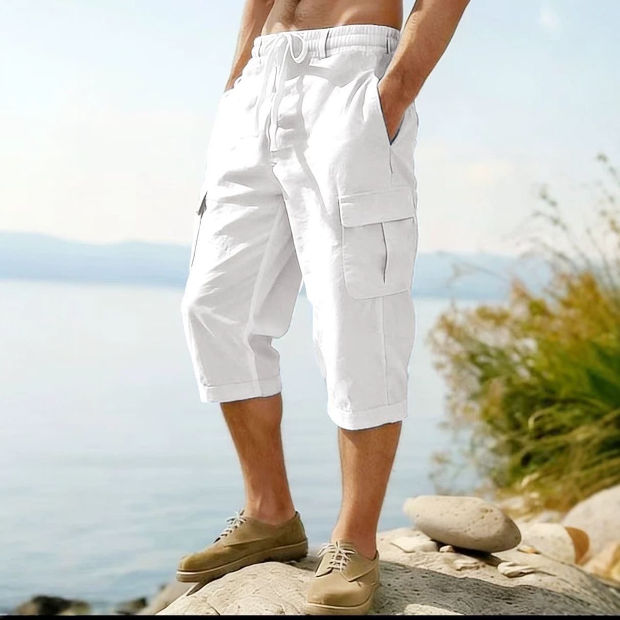 Men's Linen Cargo Pants All Season Thin Multiple Pockets Loose Casual Wide Leg Capri Pants_viptrois.com