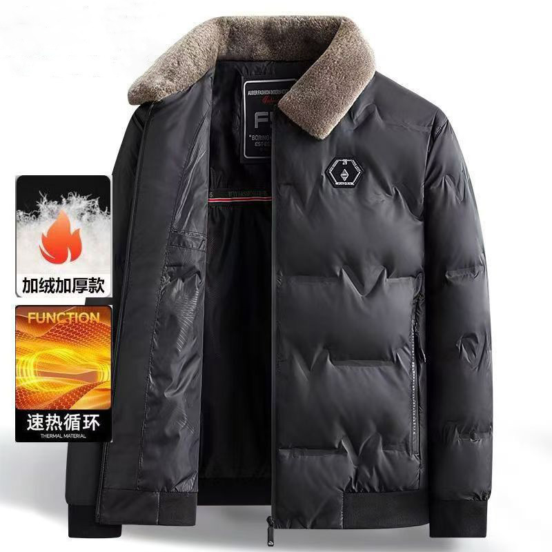 新款羽绒棉服冬装加厚毛翻领中年保暖棉袄休闲爸爸装外套批发黑色|undefined