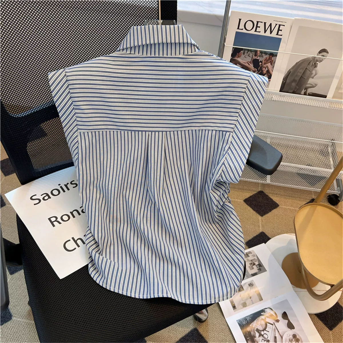 Безрукавная футболка-поло, ретро-летний oversized корейский стиль, узор в полоску, дышащая повседневная