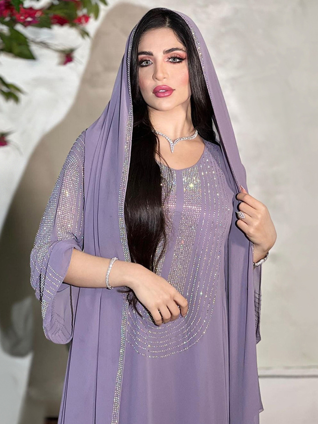 2024 Cross-Border Purple Long-Sleeve Rhinestone Embellished Middle Eastern Women's Arabic Dress_ecoleips.com