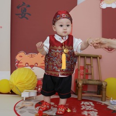 Red Chinese Hanfu Birthday Party Outfit for a One-Year-Old Boy, Traditional Chinese Style Formal Dress with Cap, Children's Chinese Cultural Tangzhuang Dress
