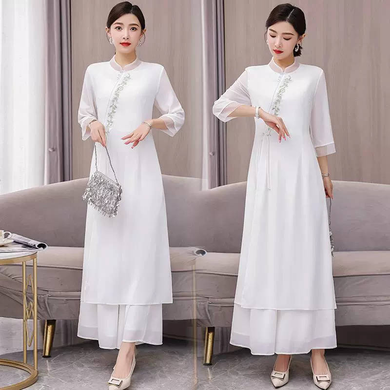 9112 Новое улучшенное платье Чонсам в китайском стиле, комплект из двух предметов, 2023 Весна и лето новый шифоновый костюм с коротким рукавом