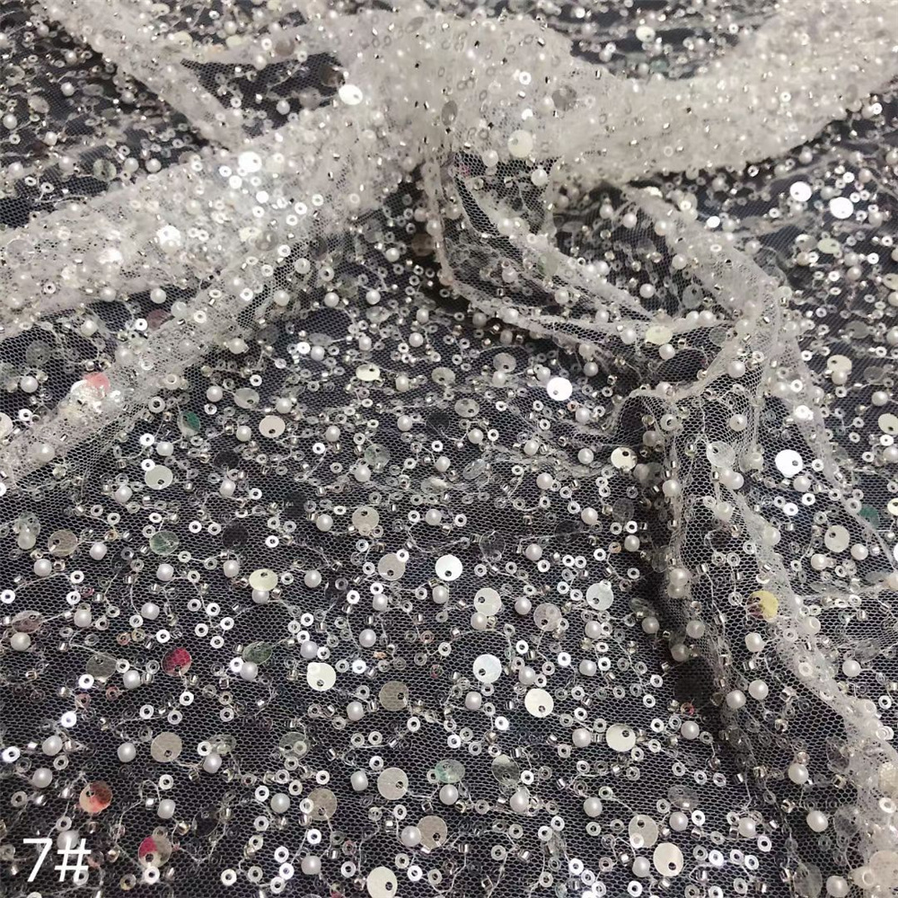 2022新款满幅珍珠绣花布散珠子亮片电脑绣花面料多色婚纱时装面料