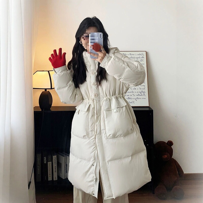 2026 New Style Women's Mid-Length down Jacket, Korean Style, Over-The-Knee, Hooded, Waist-Cinching, Slimming, Thickened, White Duck down Winter Coat
