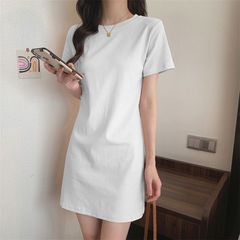 夏の女性のための気質綿半袖ドレス新しいスタイルの小さな人年齢を減らす多用途ボトリングシャツストレートスカート