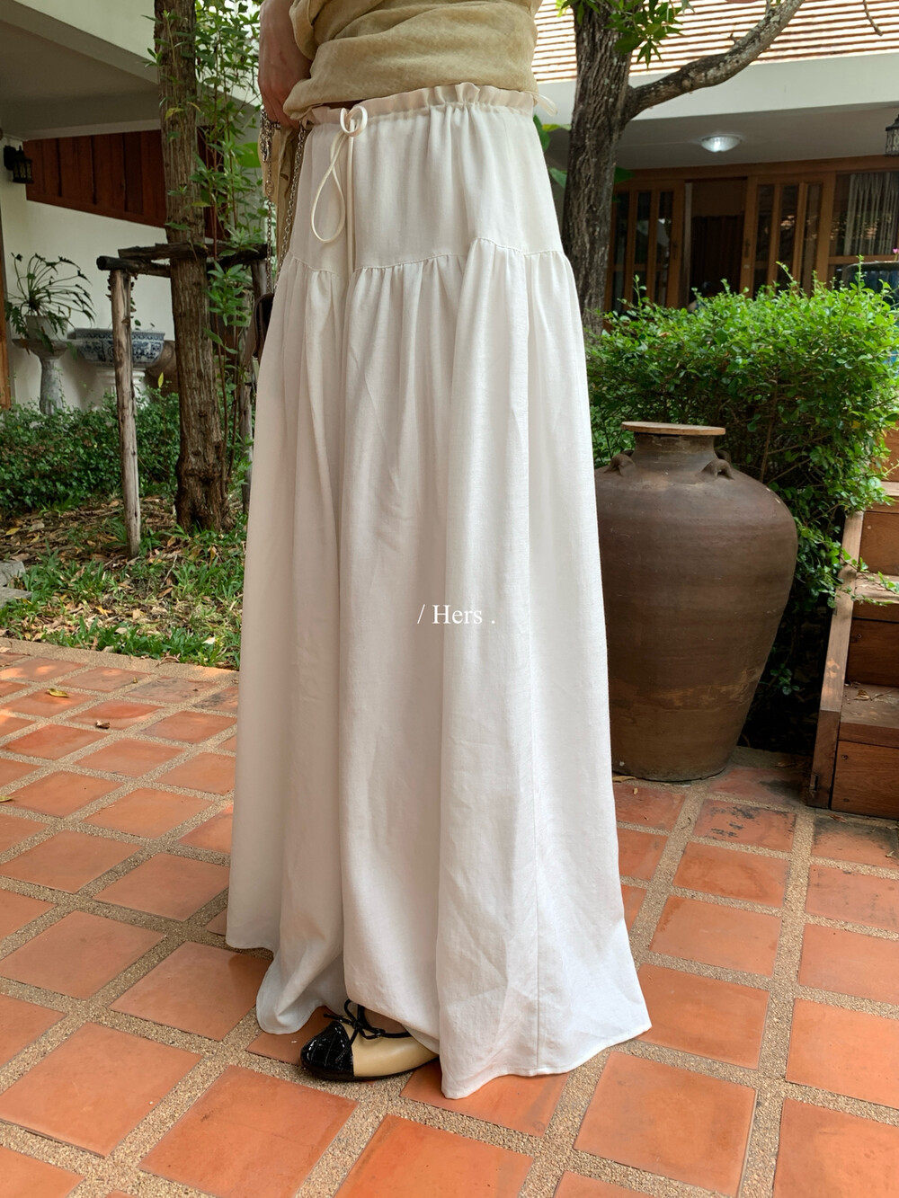 Quần culottes nữ ống rộng cạp cao thiết kế dây rút eo — màu đen, trắng ngà, màu mơ chi tiết 16