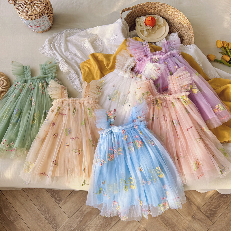 summer tulle dress for girls花朵甜美网纱女童连衣裙飞袖公主裙|undefined