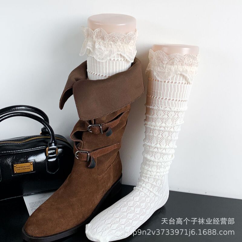 Women's Lace Trim Mid-Calf Socks for Spring and Autumn, Japanese Jk Style, Milky White Hollow-Out Knee-High Slouch Socks to Match Boots